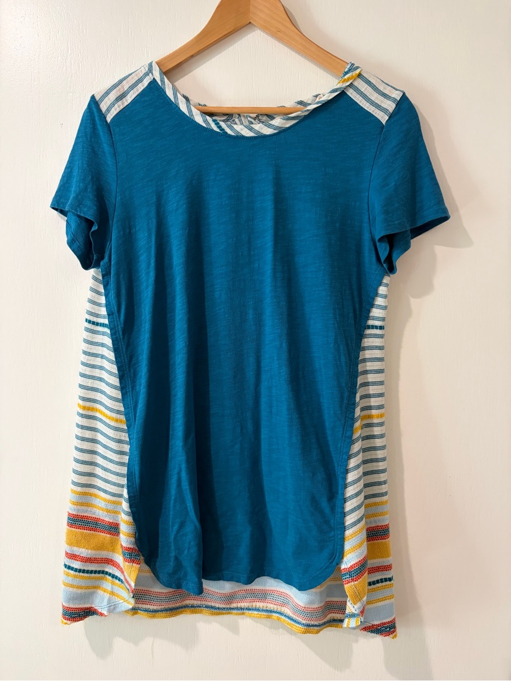 Soft Surroundings Teal Short Sleeve Tunic with Multicolor Striped Side Panels